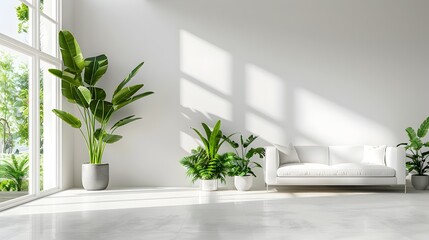 Cozy and Bright Modern Living Room with Lush Indoor Plants and Natural Lighting