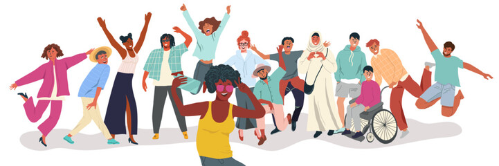 A crowd of happy diverse welcoming, cheering young people. The concept of a day of friendship, unity. Celebrating or congratulating multiracial students or friends. Flat vector hand drawn illustration