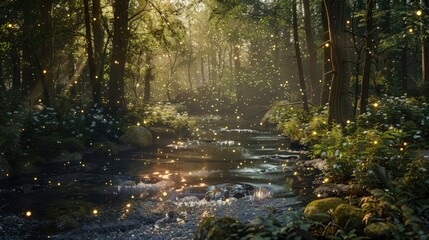Fototapeta premium A quiet forest stream with sunlight sparkling on the water