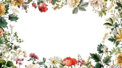A rectangular frame of assorted flowers and greenery on a white backdrop