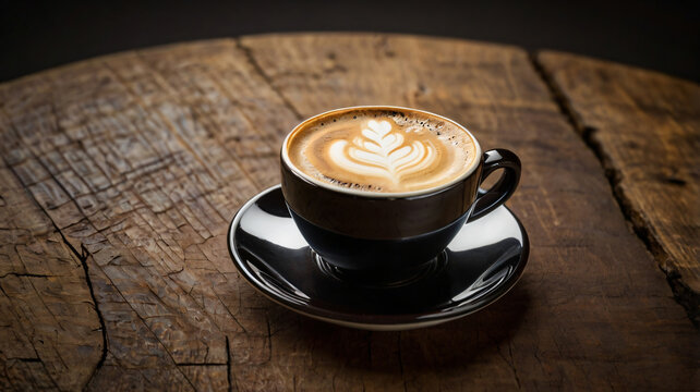 Coffee cup and coffee beans roating on the wooden table and the coffee shop background with copy space