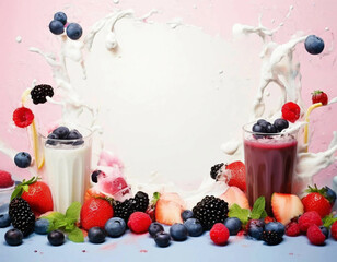 Tasty smoothies with fruits and milk. Splashes of juis and milk around. Colorful background for cafe menu, restaurant banner, wallpaper. Healthy life style.