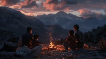 Obraz premium A group of friends gather around a campfire in the mountains, enjoying the warmth and the breathtaking view of the sunset.