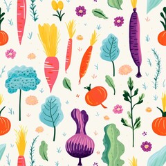 Fototapeta premium Bring a touch of realism to your designs with seamless patterns featuring intricately crafted 3D renditions of vegetables, set against a palette of soft pastel tones and vibrant
