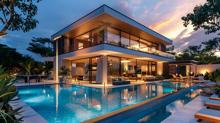 Fototapeta premium Luxury villa with large pool and outdoor seating area at twilight