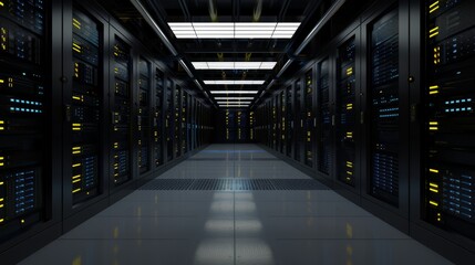 Detailed server room with dark servers, blue and yellow lights, clean floor, wide view in fullhd