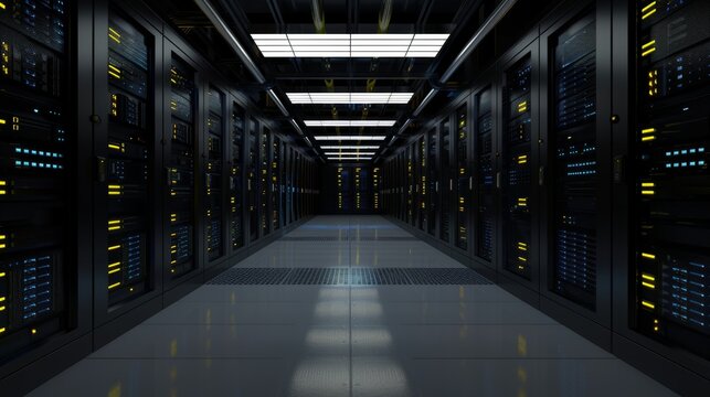 Detailed server room with dark servers, blue and yellow lights, clean floor, wide view in fullhd