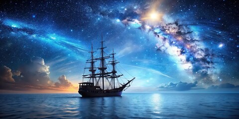 Fototapeta premium Pirate ship sailing into a bioluminescent sea with a galaxy in the sky, pirate ship, bioluminescence, sea, galaxy, night sky