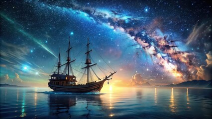 Obraz premium Pirate ship sailing into a bioluminescent sea under a galaxy-filled sky, pirate ship, sailing, bioluminescence, sea