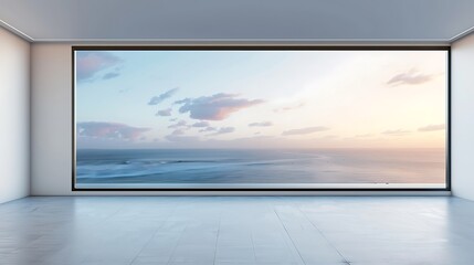 Wide panoramic empty frame in a minimalist gallery against a crisp white wall, expansive view.