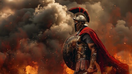 Ancient Greek warrior in armor with helmet and red cape, a battle scene