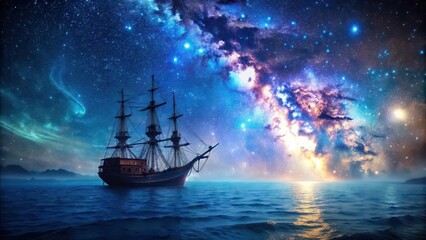 Fototapeta premium Pirate ship sailing through bioluminescent sea with galaxy in sky, pirate ship, bioluminescence, sea, galaxy, night, stars