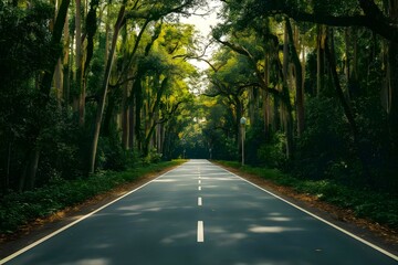 Fototapeta premium A landscape of empty street road covered by jungle trees