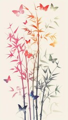 Obraz premium Colorful bamboo stems with butterflies in various shades. Elegant and delicate nature-themed illustration for artwork and decor.