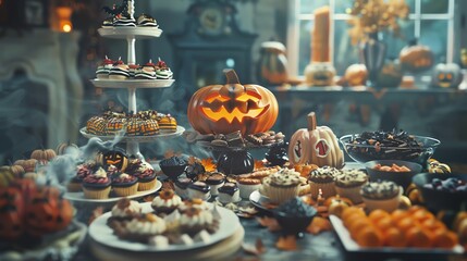 Obraz premium A spooky Halloween spread with carved pumpkins, treats, and decorations. A festive table setting for a Halloween party.