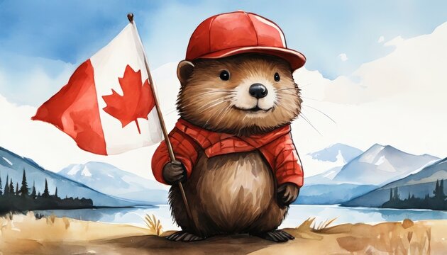 The beaver is the symbol of Canada against the background of the Canadian flag and landscape. Banner, poster, background. Canada Day. Holiday, festival. With copy space