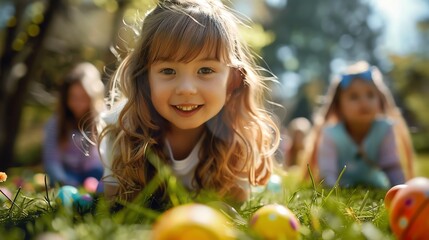 A young girl smiles while searching for Easter eggs in a grassy field.  The focus is on the girl in the foreground, but other children are visible in the background.