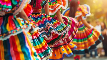 Close-up of colorful traditional Mexican dresses worn by dancers.