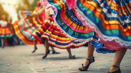 Colorful skirts swirl as dancers perform a vibrant traditional dance.