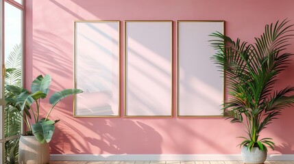 Vertical golden frame mockup close up on wall painted pastel pink color