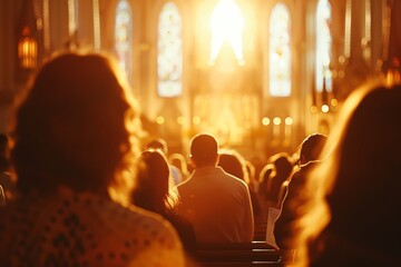 Obraz premium Silhouettes of people gathered in a church, bathed in the warm glow of sunlight streaming through stained glass windows.