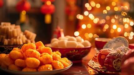 Traditional Chinese New Year treats on a table with festive decorations and warm lighting.
