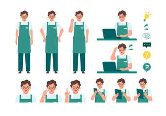 Fototapeta premium Working man. Concept for Problem Solving. Man cartoon character head collection set. People face profiles avatars and icons. Close up image of Problem Solving man.