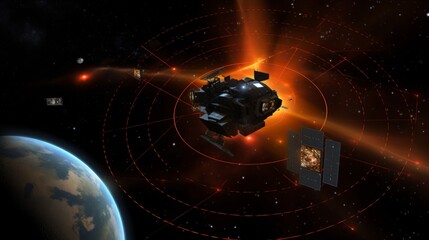 Futuristic Space Station with Orbiting Satellites.