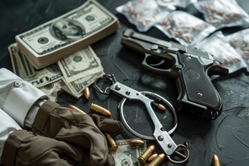Drugs and human trafficking and money handcuffs beside a gun and a bag of cocaine Illegal things, criminals, on a black background