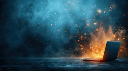 A laptop emits sparks and glows with a fiery aura against a smoky blue background, symbolizing innovation and cutting-edge technology.