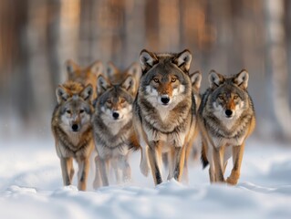 A pack of wolves walking through the snow in a winter forest, showcasing their natural beauty and teamwork in the wilderness. © Narongsak
