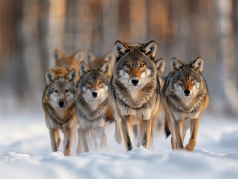 A pack of wolves walking through the snow in a winter forest, showcasing their natural beauty and teamwork in the wilderness.