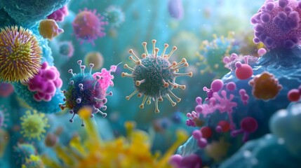 Obraz premium 4. Visualize a scientific rendering of the immune response, showcasing a cascade of cytokines and antibodies neutralizing viruses and bacteria, depicted in a colorful and informative manner to convey