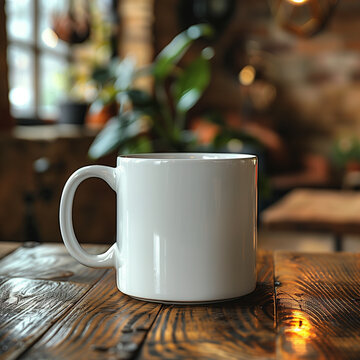 A mockup of a plain white ceramic mug on a wodden table, blurry background, mock up, mock-up