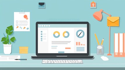 A clean and organized workspace with a laptop displaying data charts and a desk lamp illuminating the scene.