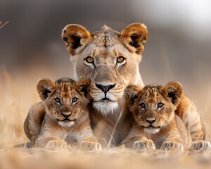 Lioness with her two cubs lying in dry grass, demonstrating protective behavior and strong family bond in natural habitat.