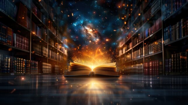Open book in a magical library with a cosmic background, symbolizing knowledge, imagination, and infinite possibilities.
