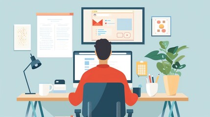 A man sits at his desk, working on a computer. His workspace is organized and filled with plants and a lamp.