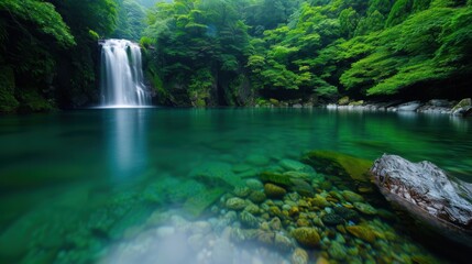 Fototapeta premium Scenic waterfall cascading into a serene, clear pool surrounded by lush greenery in a tranquil natural setting.