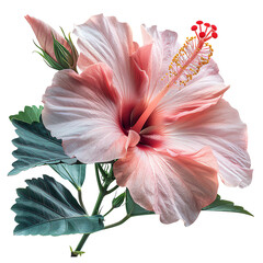 The photo shows a beautiful hibiscus flower. The petals are a soft pink color and the flower is surrounded by green leaves. isolate on white background