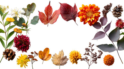 Obraz premium The image shows a variety of fall leaves and flowers arranged in a frame , isolate on white background
