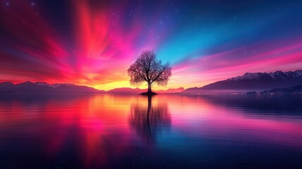 Obraz premium Stunning lone tree in a surreal, colorful sunset reflected on a calm lake, with vibrant red, purple, and blue hues. Nature's breathtaking beauty.