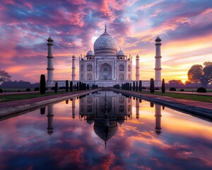 Fototapeta premium Stunning view of the Taj Mahal at sunrise, reflecting in the water with colorful sky, clouds, and historical architecture.