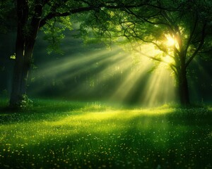 Sunlight filters through the lush green trees, casting beautiful rays of light on the vibrant meadow and creating a serene, magical forest scene.