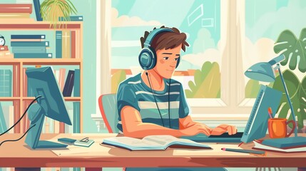 A young man sits at his desk, wearing headphones and working on his laptop