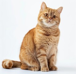 Fototapeta premium photo of ginger British shorthair cat sitting on white background, looking to camera and tail up, full body shot, isolated