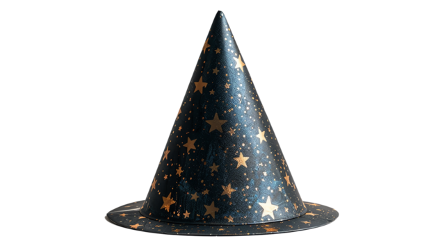 The black wizard hat is covered with stars and has a wide brim. isolate on white background