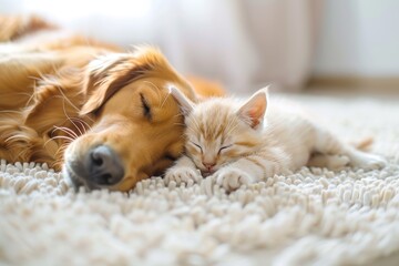 Naklejka na ściany i meble Kitten and puppy sleep together on a white carpet at home, a cute cat sleeping with a dog in bed. The love of pets concept