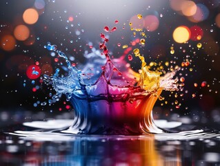 Obraz premium Vivid and colorful water splash capturing the essence of fluid motion and creativity with bokeh lights in the background.