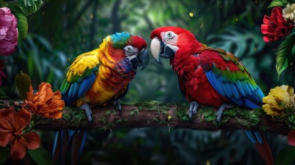 Fototapeta premium Vivid tropical parrots perched on a branch in a lush jungle, displaying bright and colorful feathers amidst vibrant flowers.
